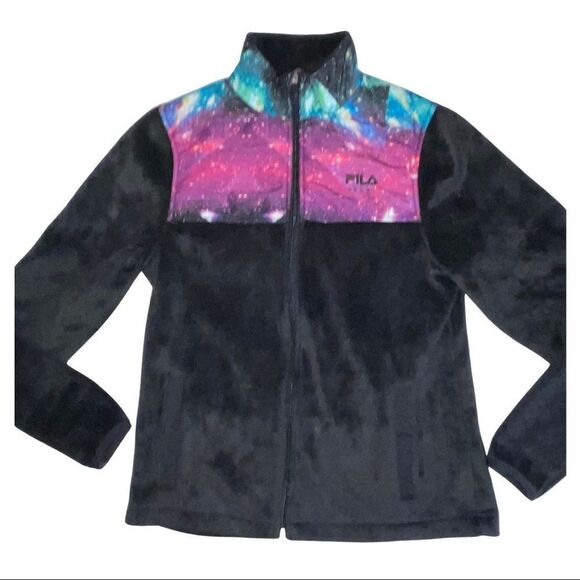 Fila Sports Womenβs Fleece Jacket Black Galaxy Print Mock Neck Size Extra small - Picture 1 of 11